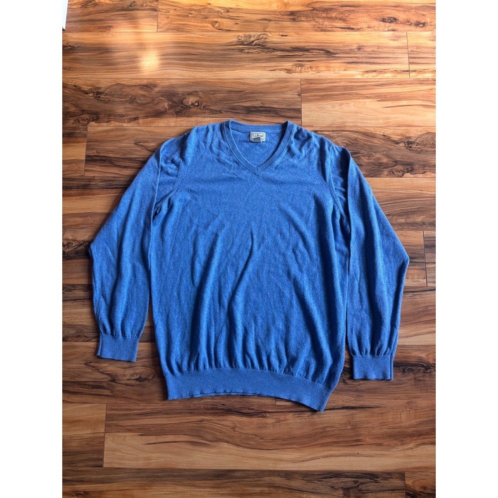 LL Bean Mens XL Tall Blue Cotton Cashmere V-Neck Sweater 275552